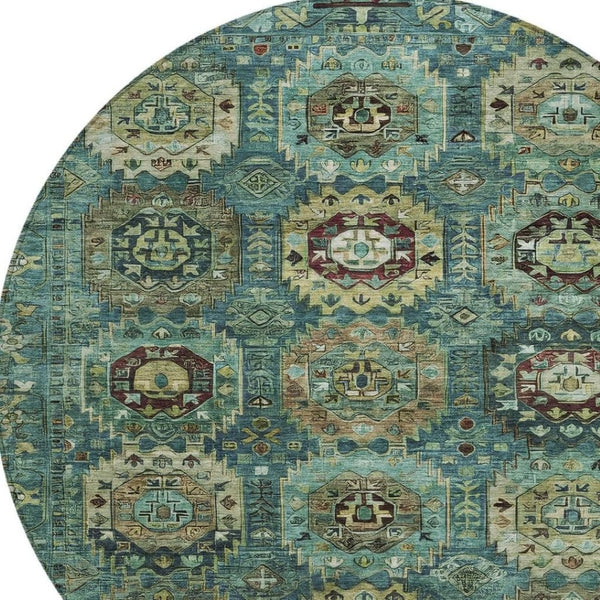 HomeRoots 8' Teal Blue Brown & Taupe Round Medallion Rug – Stylish, Durable & Washable for Indoor/Outdoor Use 629469