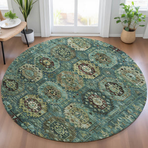 HomeRoots 8' Teal Blue Brown & Taupe Round Medallion Rug – Stylish, Durable & Washable for Indoor/Outdoor Use 629469