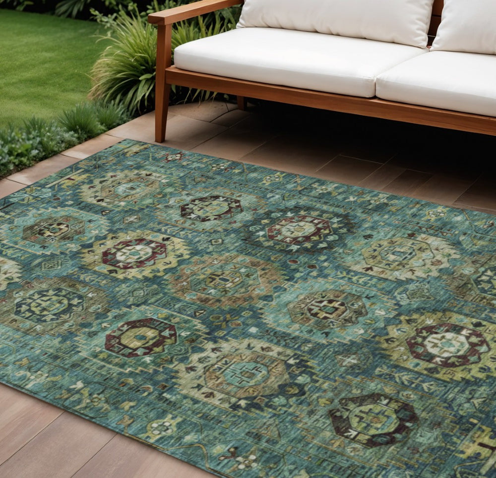 HomeRoots 8' X 10' Teal, Brown & Taupe Medallion Area Rug – Washable Indoor/Outdoor, Durable & Stylish Design 629470