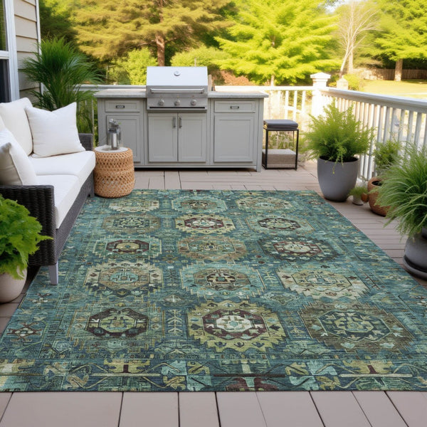 HomeRoots 8' X 10' Teal, Brown & Taupe Medallion Area Rug – Washable Indoor/Outdoor, Durable & Stylish Design 629470
