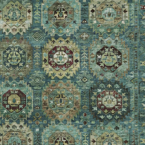HomeRoots 9' X 12' Stylish Teal Blue, Brown & Taupe Medallion Rug - Washable & Durable for Indoor/Outdoor Use! 629471
