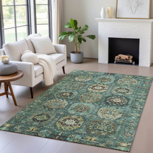 HomeRoots 9' X 12' Stylish Teal Blue, Brown & Taupe Medallion Rug - Washable & Durable for Indoor/Outdoor Use! 629471