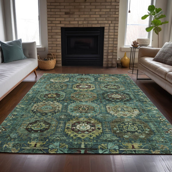 HomeRoots 9' X 12' Stylish Teal Blue, Brown & Taupe Medallion Rug - Washable & Durable for Indoor/Outdoor Use! 629471