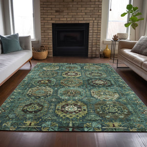 HomeRoots 10' Stylish Teal Blue and Brown Medallion Area Rug - Washable, Durable for Indoor & Outdoor Use! 629472
