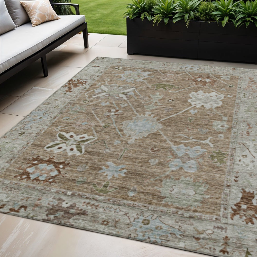 HomeRoots 5' Brown and Gray Tribal Washable Area Rug - Indoor/Outdoor Durable Design, Stain-Resistant, Easy Care 629474
