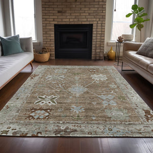 HomeRoots 5' Brown and Gray Tribal Washable Area Rug - Indoor/Outdoor Durable Design, Stain-Resistant, Easy Care 629474