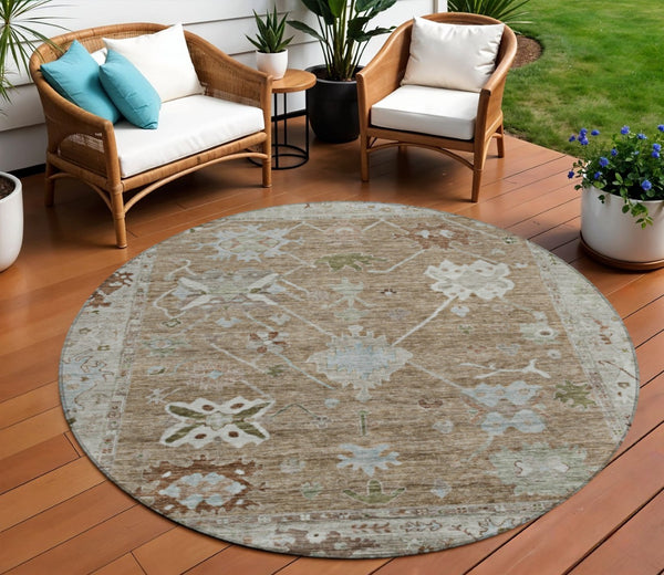 HomeRoots 8' Round Tribal Washable Area Rug in Brown and Gray - Stylish, Durable Design for Indoor & Outdoor Use 629475