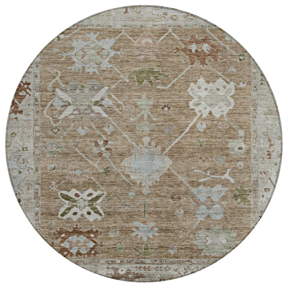 HomeRoots 8' Round Tribal Washable Area Rug in Brown and Gray - Stylish, Durable Design for Indoor & Outdoor Use 629475