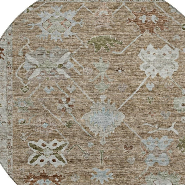 HomeRoots 8' Round Tribal Washable Area Rug in Brown and Gray - Stylish, Durable Design for Indoor & Outdoor Use 629475