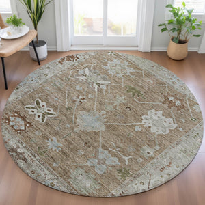HomeRoots 8' Round Tribal Washable Area Rug in Brown and Gray - Stylish, Durable Design for Indoor & Outdoor Use 629475