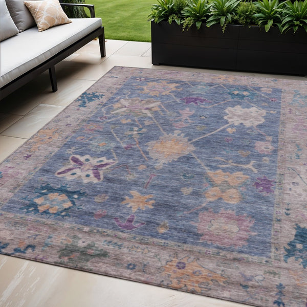 HomeRoots 5' Blue and Purple Tribal Area Rug - Washable, Durable Indoor/Outdoor Comfort for High-Traffic Spaces 629480