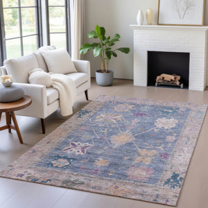 HomeRoots 5' Blue and Purple Tribal Area Rug - Washable, Durable Indoor/Outdoor Comfort for High-Traffic Spaces 629480