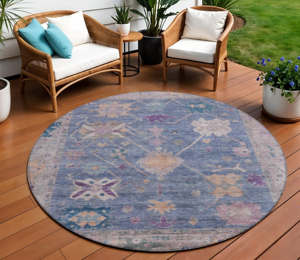 HomeRoots 8' Vibrant Blue and Purple Round Tribal Area Rug - Washable, Indoor/Outdoor, Durable & Stylish! 629481