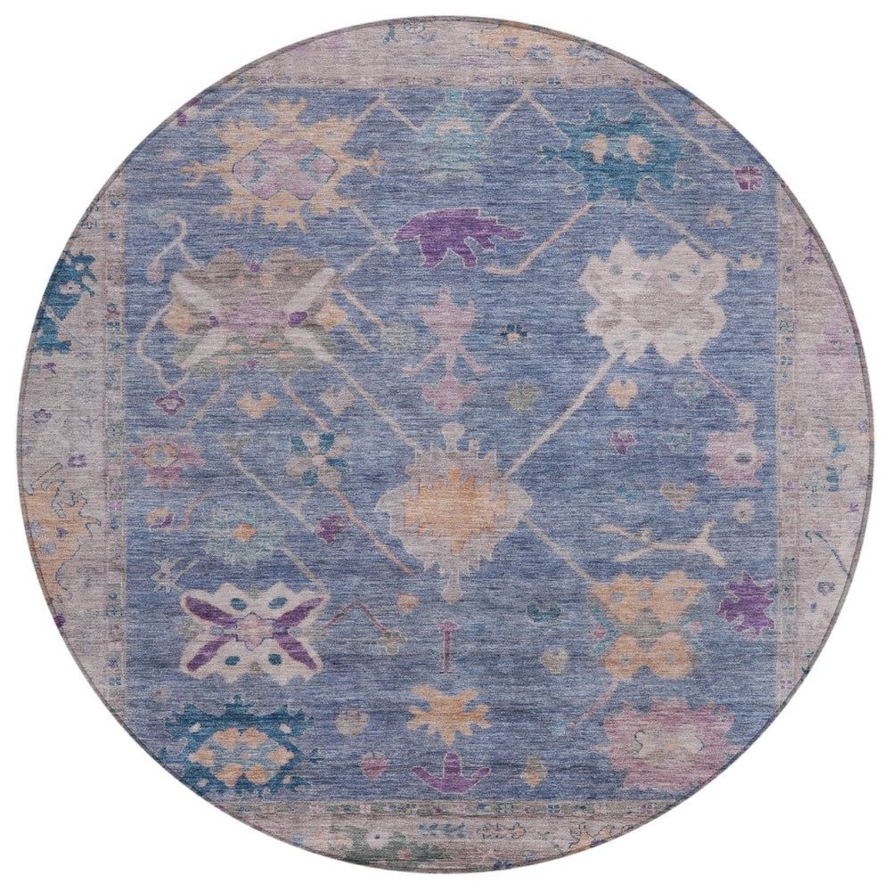 HomeRoots 8' Vibrant Blue and Purple Round Tribal Area Rug - Washable, Indoor/Outdoor, Durable & Stylish! 629481