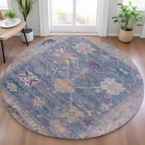 HomeRoots 8' Vibrant Blue and Purple Round Tribal Area Rug - Washable, Indoor/Outdoor, Durable & Stylish! 629481