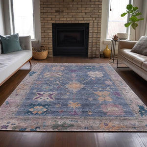 HomeRoots 8' X 10' Blue and Purple Tribal Rug - Washable, Durable Indoor/Outdoor Area Rug for High Traffic Spaces 629482
