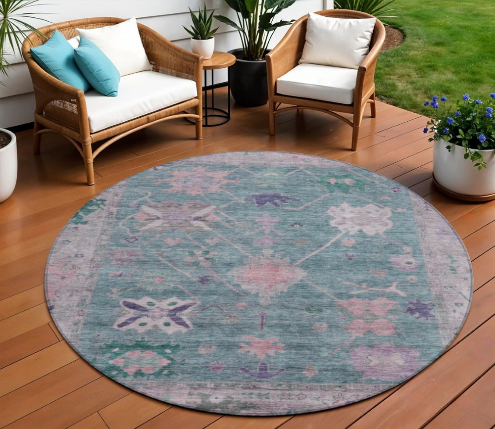 HomeRoots 8' Green and Purple Round Tribal Area Rug - Washable, Durable, Perfect for Indoor & Outdoor Spaces! 629487