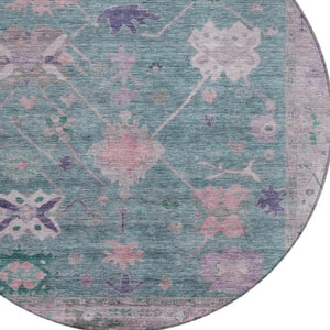HomeRoots 8' Green and Purple Round Tribal Area Rug - Washable, Durable, Perfect for Indoor & Outdoor Spaces! 629487