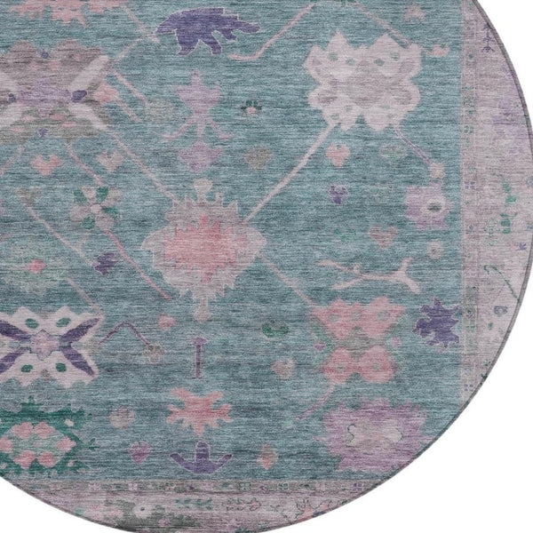 HomeRoots 8' Green and Purple Round Tribal Area Rug - Washable, Durable, Perfect for Indoor & Outdoor Spaces! 629487