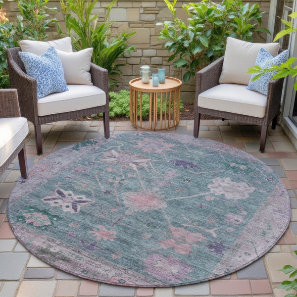 HomeRoots 8' Green and Purple Round Tribal Area Rug - Washable, Durable, Perfect for Indoor & Outdoor Spaces! 629487