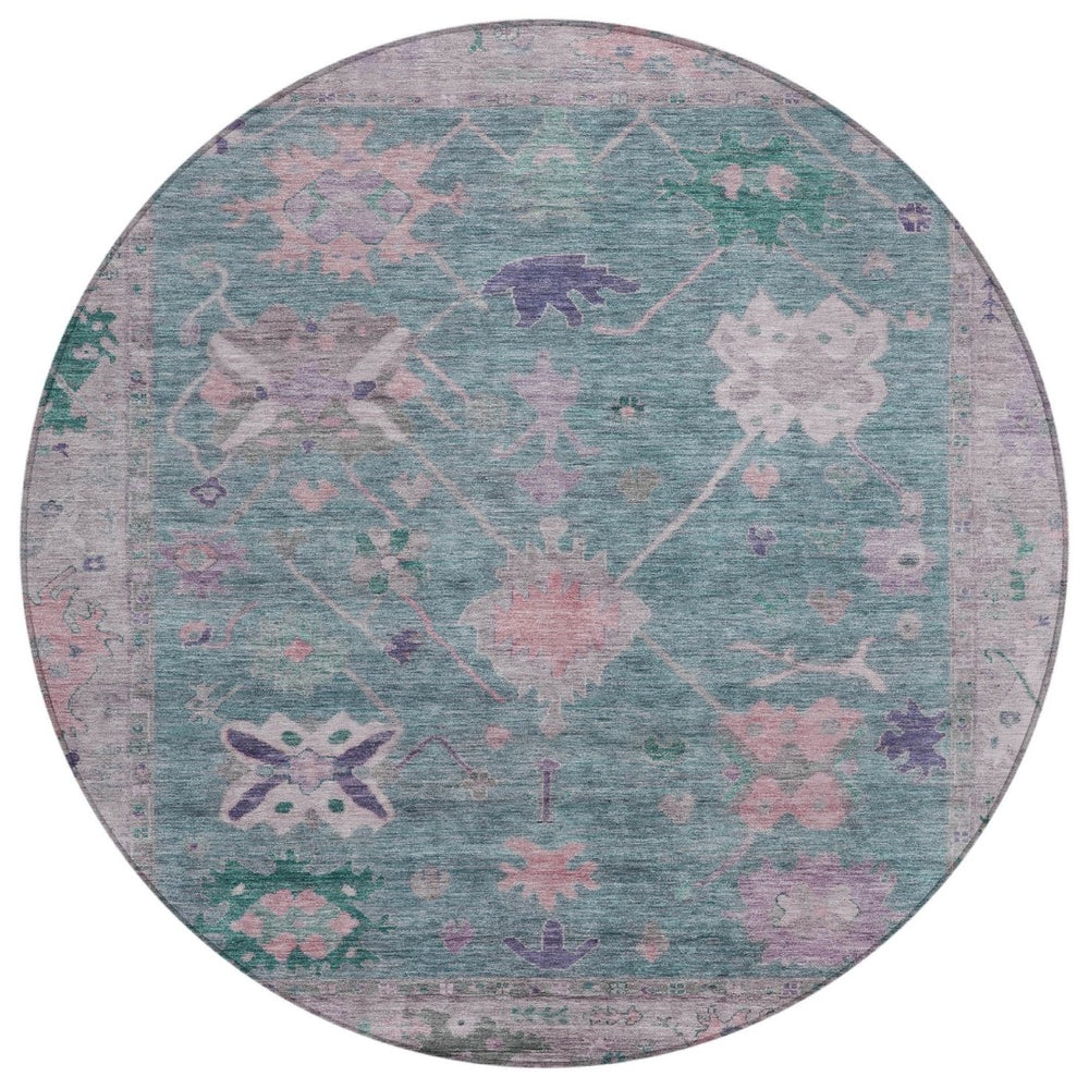 HomeRoots 8' Green and Purple Round Tribal Area Rug - Washable, Durable, Perfect for Indoor & Outdoor Spaces! 629487
