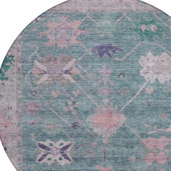 HomeRoots 8' Green and Purple Round Tribal Area Rug - Washable, Durable, Perfect for Indoor & Outdoor Spaces! 629487