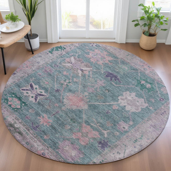HomeRoots 8' Green and Purple Round Tribal Area Rug - Washable, Durable, Perfect for Indoor & Outdoor Spaces! 629487