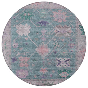 HomeRoots 8' Green and Purple Round Tribal Area Rug - Washable, Durable, Perfect for Indoor & Outdoor Spaces! 629487