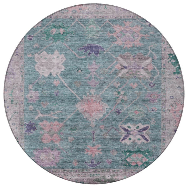 HomeRoots 8' Green and Purple Round Tribal Area Rug - Washable, Durable, Perfect for Indoor & Outdoor Spaces! 629487