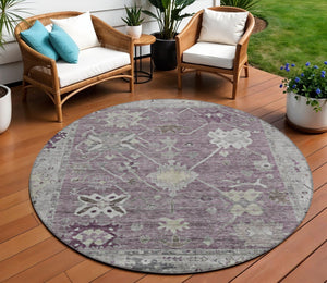HomeRoots 8' Merlot and Gray Round Tribal Area Rug – Washable, Stylish, Durable for Indoors and Outdoors 629493