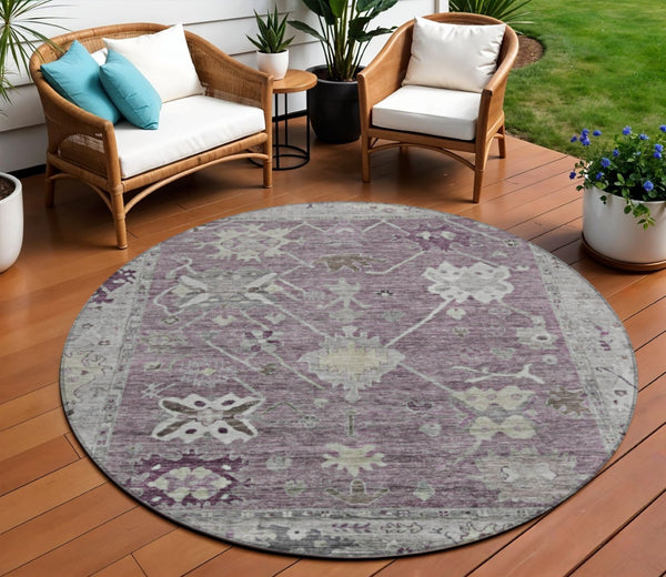 HomeRoots 8' Merlot and Gray Round Tribal Area Rug – Washable, Stylish, Durable for Indoors and Outdoors 629493