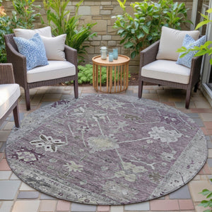 HomeRoots 8' Merlot and Gray Round Tribal Area Rug – Washable, Stylish, Durable for Indoors and Outdoors 629493
