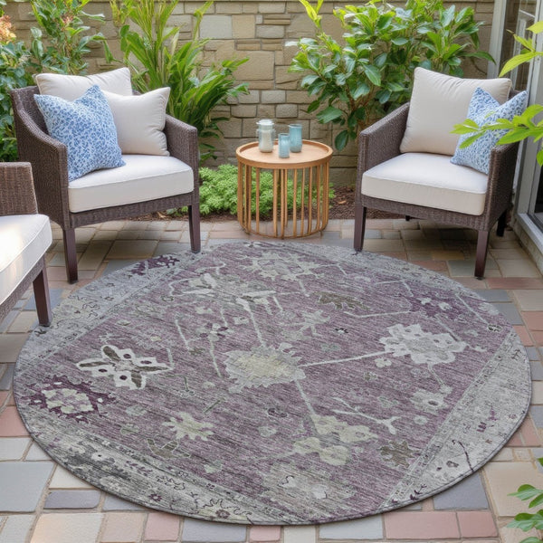 HomeRoots 8' Merlot and Gray Round Tribal Area Rug – Washable, Stylish, Durable for Indoors and Outdoors 629493