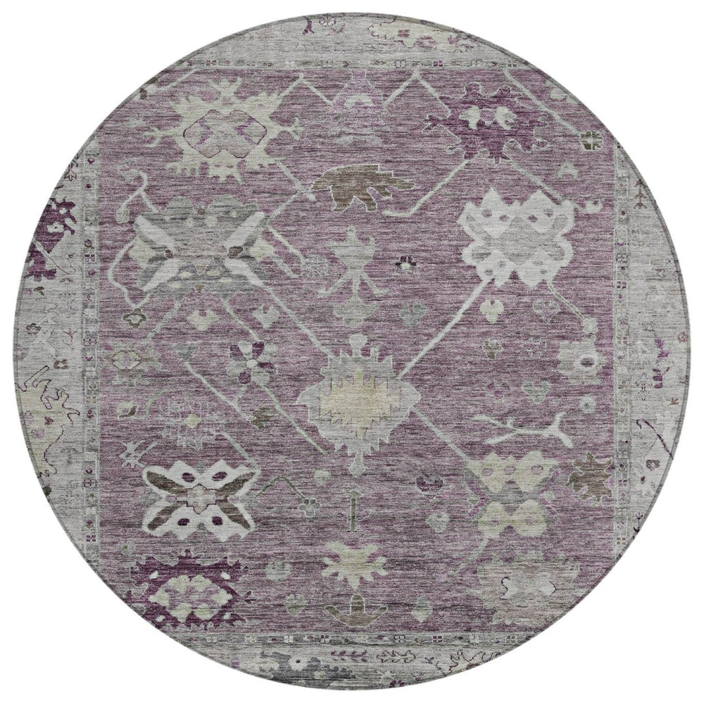 HomeRoots 8' Merlot and Gray Round Tribal Area Rug – Washable, Stylish, Durable for Indoors and Outdoors 629493