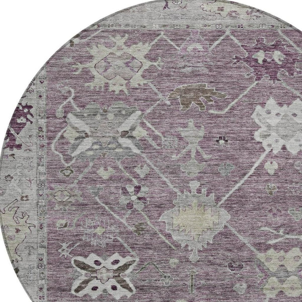 HomeRoots 8' Merlot and Gray Round Tribal Area Rug – Washable, Stylish, Durable for Indoors and Outdoors 629493