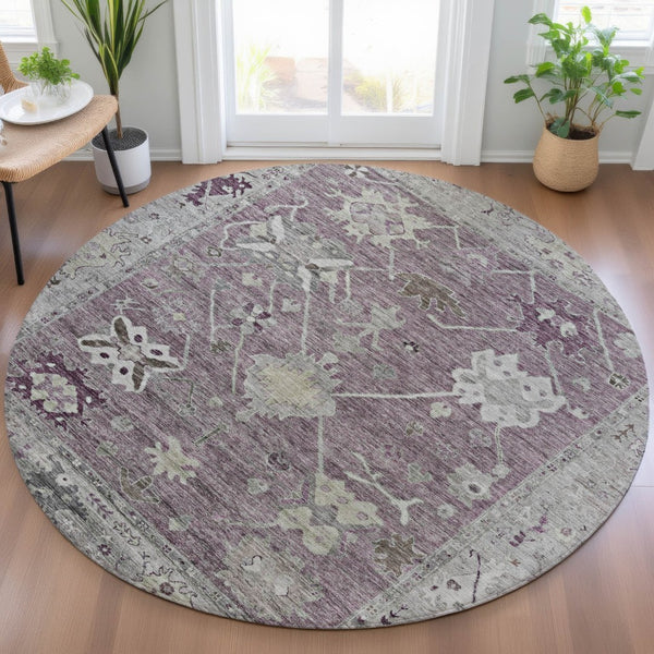 HomeRoots 8' Merlot and Gray Round Tribal Area Rug – Washable, Stylish, Durable for Indoors and Outdoors 629493