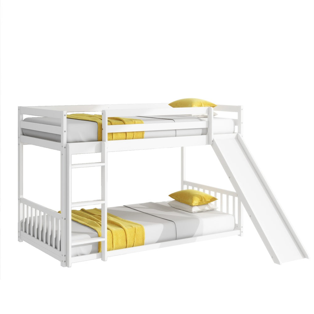 English Elm Twin Over Twin Floor Bunk Bed With Slide & Ladder - Solid Pine Wood, White Finish, Safe & Fun Design! W504S00190-GIGA