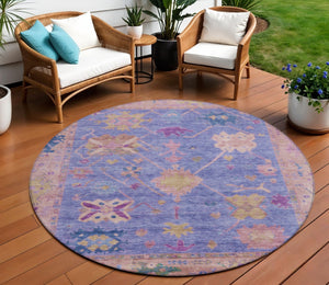 HomeRoots 8' Vibrant Purple and Blue Round Tribal Rug - Durable, Washable, Ideal for Indoor and Outdoor Spaces 629499