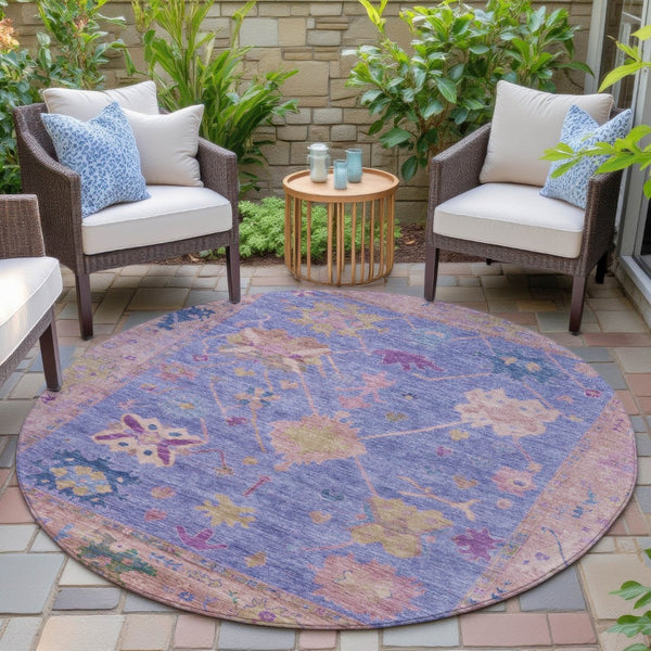 HomeRoots 8' Vibrant Purple and Blue Round Tribal Rug - Durable, Washable, Ideal for Indoor and Outdoor Spaces 629499