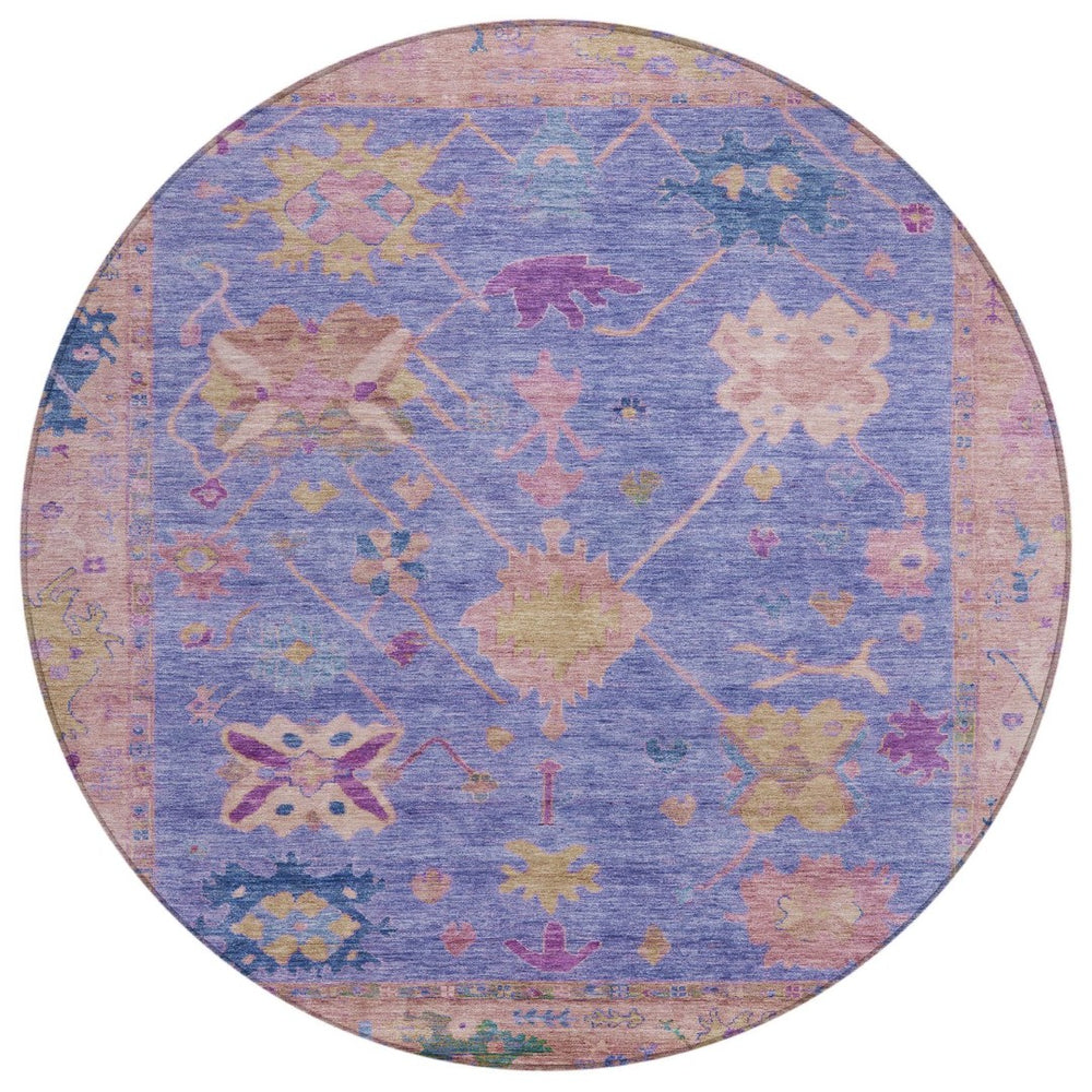 HomeRoots 8' Vibrant Purple and Blue Round Tribal Rug - Durable, Washable, Ideal for Indoor and Outdoor Spaces 629499