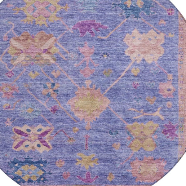 HomeRoots 8' Vibrant Purple and Blue Round Tribal Rug - Durable, Washable, Ideal for Indoor and Outdoor Spaces 629499
