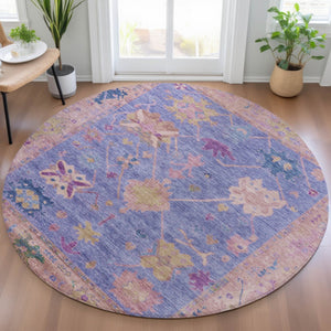 HomeRoots 8' Vibrant Purple and Blue Round Tribal Rug - Durable, Washable, Ideal for Indoor and Outdoor Spaces 629499