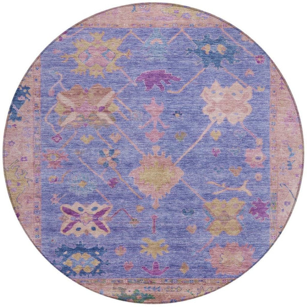 HomeRoots 8' Vibrant Purple and Blue Round Tribal Rug - Durable, Washable, Ideal for Indoor and Outdoor Spaces 629499