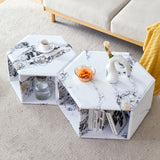 English Elm Minimalist White Patterns Hexagonal Coffee Table Set.Hexagonal Mdf Coffee Table, Characteristic Pattern Stickers, Multi-Hole Design To Give More Storage Space.Two Coffee Tables Of Different Sizes.