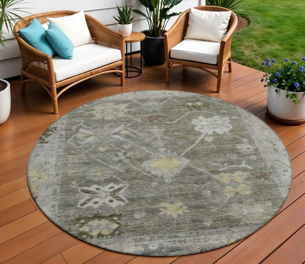 HomeRoots 8' Pewter and Gold Round Tribal Area Rug - Stylish, Washable, Durable for Indoor & Outdoor Spaces 629505