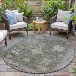 HomeRoots 8' Pewter and Gold Round Tribal Area Rug - Stylish, Washable, Durable for Indoor & Outdoor Spaces 629505