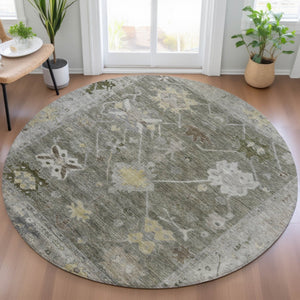 HomeRoots 8' Pewter and Gold Round Tribal Area Rug - Stylish, Washable, Durable for Indoor & Outdoor Spaces 629505