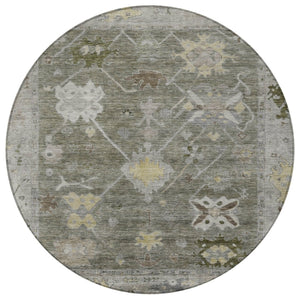 HomeRoots 8' Pewter and Gold Round Tribal Area Rug - Stylish, Washable, Durable for Indoor & Outdoor Spaces 629505