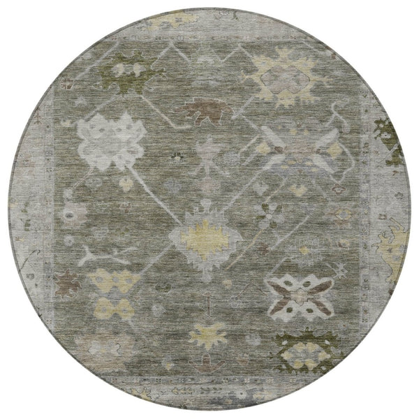 HomeRoots 8' Pewter and Gold Round Tribal Area Rug - Stylish, Washable, Durable for Indoor & Outdoor Spaces 629505