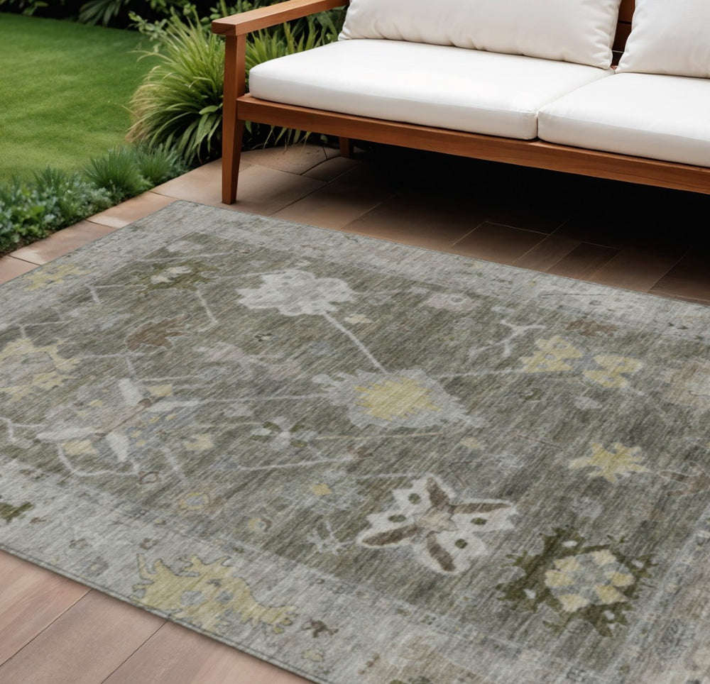 HomeRoots 9' X 12' Durable Pewter & Gold Tribal Area Rug - Stylish, Washable for Indoor/Outdoor Use, Easy Care 629507